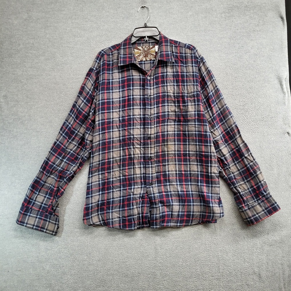 Blue Crown Men Button Up‎ Shirt 2XL Gray Plaid Flannel Long Sleeve